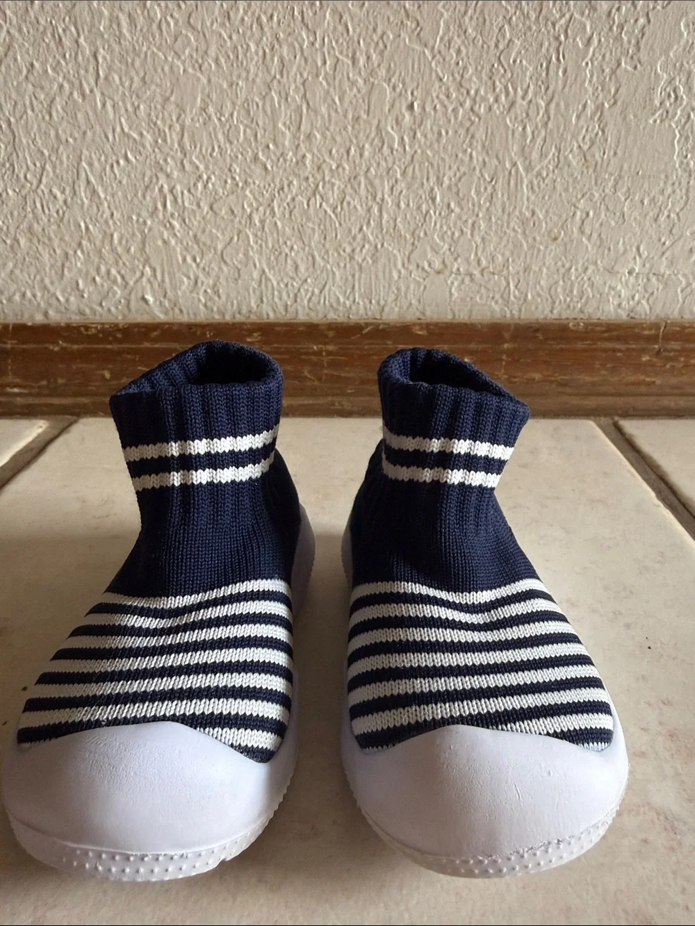 Kids Navy and White Stripe Slip-On Knit Shoes